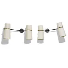 Lunel, sconces, pair, c. 1950, enameled iron, brass, linen