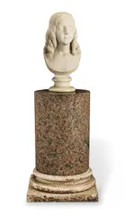 Joseph Watkins Rha, carved white marble bust of a young girl together with a pink granite and white marble low pedestal, marble