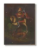 St George & Dragon, Possibly, Ukrainian, traditionally painted in sombre colours with applied stylised silver halo, cross and boots