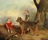 Two children with their pet dog by British School, oil on canvas, offered Feb 2023