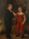 Adam Buck, Two young toxophilites with their pet dog, oil on canvas