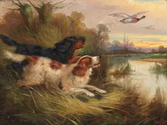 Robert Cleminson, Spaniels flushing mallards; Gun dog with pheasants, a pair, oil on canvas