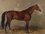 Julius von Blaas, Portrait of a chestnut horse in a stable, oil on canvas