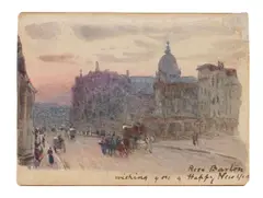 Sunset on Cannon Street with St. Pauls in the distance by R.W.S. Rose Maynard Barton, watercolour, sold Feb 2023