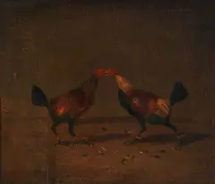Henry Thomas Alken, A set of four cock fighting paintings: Set too, Fight, Knock down, Death, oil on panel