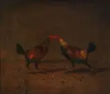 Henry Thomas Alken, A set of four cock fighting paintings: Set too, Fight, Knock down, Death, oil on panel