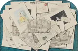 Irish School, Trompe l'oeil of Irish banknotes, drawings and envelopes, watercolour with pencil and ink