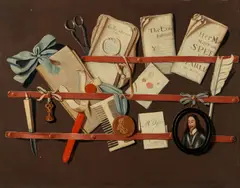 Evert Collier, Trompe l'oeil with letter rack and a portrait miniature of Charles I, oil on canvas