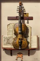 Charles John Harrison, Trompe l'oeil of a violin with music sheet, oil on panel