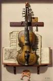 Charles John Harrison, Trompe l'oeil of a violin with music sheet, oil on panel