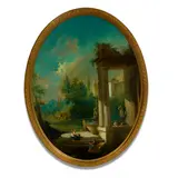 Hubert Robert, An Italianate capriccio with figures by a fountain and colonnade in the foreground, oil on canvas, oval