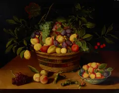 Jacob van Hulsdonck, A still life with peaches, plums, grapes and cherries in a basket, apricots in a porcelain bowl and cob nuts  on a table, oil on panel