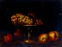 Fede Galizia, A still life of grapes in a gilded glass tazza and peaches and a pear on a ledge, oil on panel