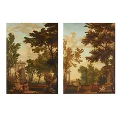 Isaac de Moucheron, An Italianate landscape with figures in a formal garden by classical buildings; and An Italianate landscape with figures in a garden beside a lake (a pair), oil on canvas