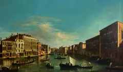 alternatively identified as Master of the Langmatt Foundation Views Apollonio Domenichini, Venice, a view of the Grand Canal looking south from the Palazzo Foscari and Palazzo Moro-Lin toward the church of Santa Maria della Carità, oil on canvas