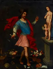 Florentine School, An allegorical painting of a man presenting Venus with a ring surrounded by attributes of the arts and academia, oil on slate