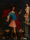 Florentine School, An allegorical painting of a man presenting Venus with a ring surrounded by attributes of the arts and academia, oil on slate