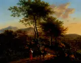 Willem de Heusch, An Italianate landscape with travelers on a path, oil on copper