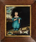 A naïve portrait of a young child with her King Charles Spaniel by English School, Oil on canvas, sold Sep 2022