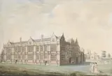 English School, A view of Moreton Corbett Hall, Shropshire, with figures and horses in the foreground, Pencil and watercolour on laid paper