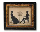 A painted silhouette of a man and woman in an interior by American School, Brush ink and watercolour on paper, sold Sep 2022