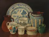 A still life of a pot-lid, titled Ramsgate, and other pieces of pottery by English School, Oil on canvas,, sold Sep 2022