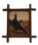 A Dragoon fancy pigeon outside a hutch, together with two others (3) by English School, Oil on board, sold Sep 2022