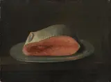 A still life of a piece of salmon on a pewter plate by English School, Oil on canvas, sold Sep 2022
