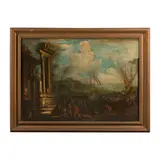 A capriccio with architectural ruins and boats in a harbor by Italian School, oil on canvas, offered Apr 2022