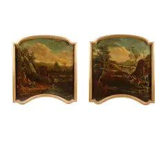 Italian School, Figures on the banks of a river; and a companion painting (a pair), both oil on shaped canvas
