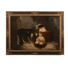 William Walker Morris, A cottage interior with child, dog and baby, oil on canvas