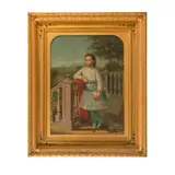 Young girl on a balcony with fresh picked flowers by Continental School, oil on canvas, offered Apr 2022