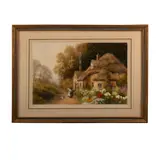 English School, A mother and daughter with ducks in a flowering garden of a thatched home, watercolor on paper