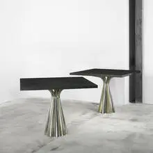 Vidal Grau, dining tables, pair, c. 1970, chrome and brass-plated steel, cerused oak