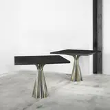 Vidal Grau, dining tables, pair, c. 1970, chrome and brass-plated steel, cerused oak