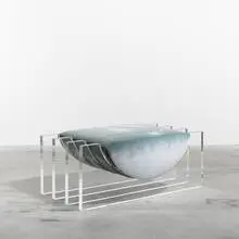 Karl Springer, bench, c. 1970, acrylic, mohair