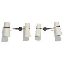 Lunel, sconces, pair, c. 1950, enameled iron, brass, linen