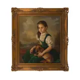Francisco Ribera Gómez, A portrait of a young girl holding a dachshund, 1956, oil on canvas