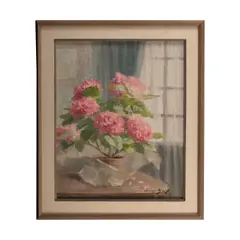 Lucienne Bisson, A potted pink hydrangea in an interior, oil on masonite