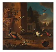 Cercle de Melchior de Hondecoeter, Une grue couronnée, des paons et un perroquet gris africain, oil on canvas