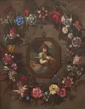 Abraham Brueghel, L'ange de l'Annonciation entouré d'une guirlande de fleurs, oil on canvas