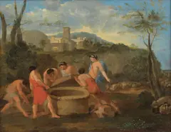 Cercle de Nicolas Poussin, Jacob rencontre Rachel au puits, oil on canvas