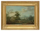 Alexandre Johann Thiele, Paysage champêtre animé de figures et d'une église, oil on panel