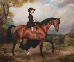 Rha William Osborne, Equestrian portrait of Sarah Conolly of Castletown, mounted side saddle on a light bay hunter in a landscape, Oil on canvas