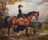 Rha William Osborne, Equestrian portrait of Sarah Conolly of Castletown, mounted side saddle on a light bay hunter in a landscape, Oil on canvas