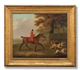 John Nost Sartorius, A huntsman with three hounds; and A whipper-in driving off hounds, with a dead fox in a tree, a pair, oil on canvas