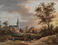 David Teniers the Younger, Three figures in conversation on a village road, oil on panel