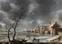 Jan Abrahamsz Beerstraaten, A winter landscape with skaters on a river near a town, oil on canvas