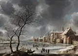 Jan Abrahamsz Beerstraaten, A winter landscape with skaters on a river near a town, oil on canvas