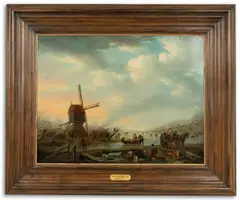 Andries Vermeulen, A frozen winter landscape with figures skating on a river near a windmill, Oil on panel